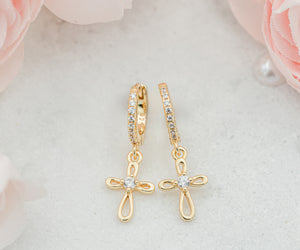 14K Gold-Plated Huggie Hoop Earrings with Cross for Kids 10mm