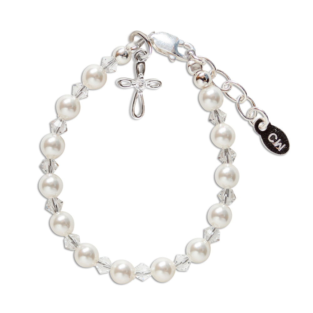 Grace - Sterling Silver High-End Austrian Simulated Pearl Cross Bracelet for Baptism or Communion