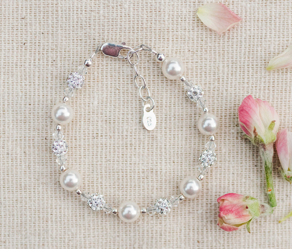 Sterling Silver White Simulated Pearl and Stardust Flower Girl Bracelet