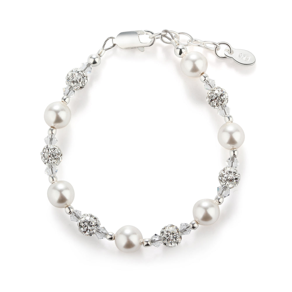 Sterling Silver White Simulated Pearl and Stardust Flower Girl Bracelet