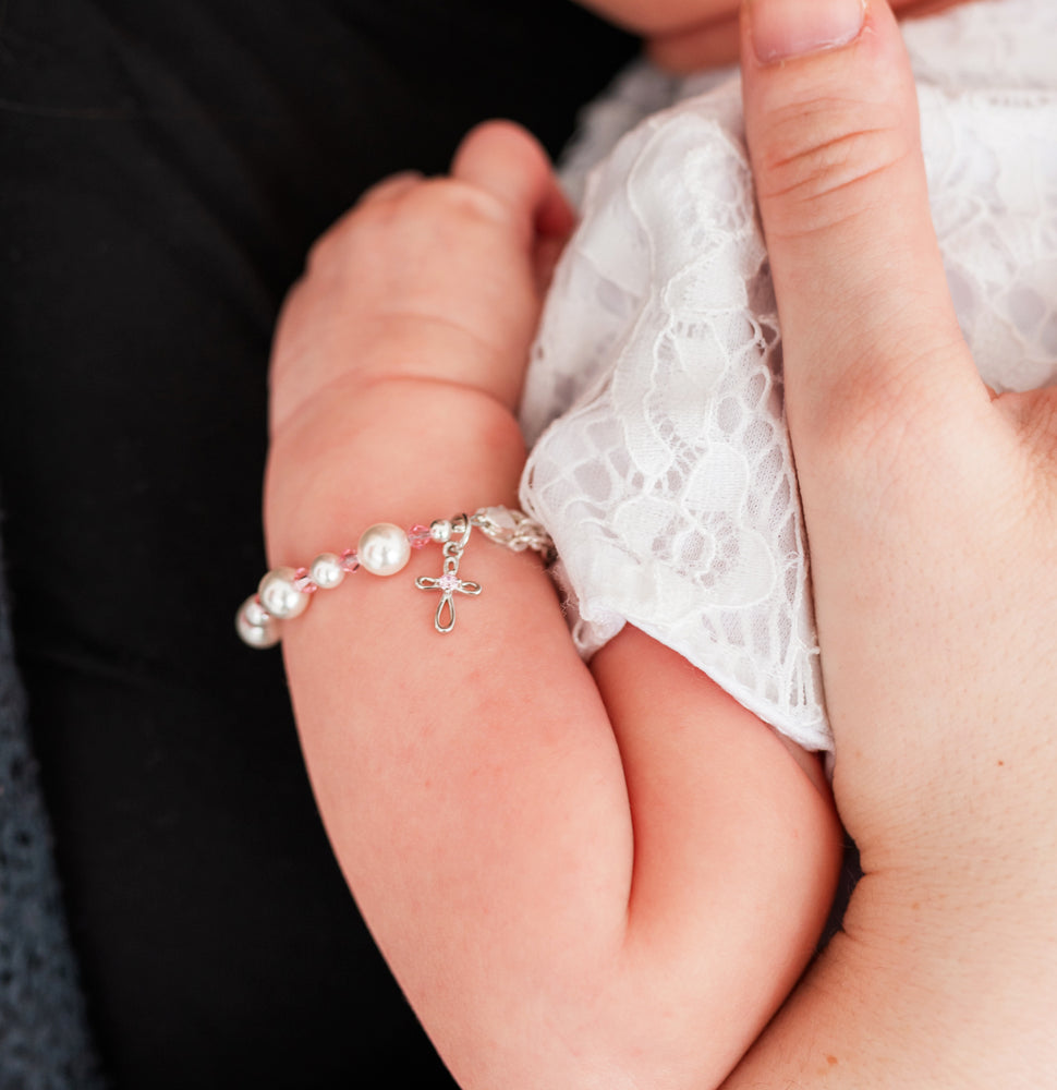 Sterling Silver Pearl and Cross Bracelet for Baptism, Christening, or Communion