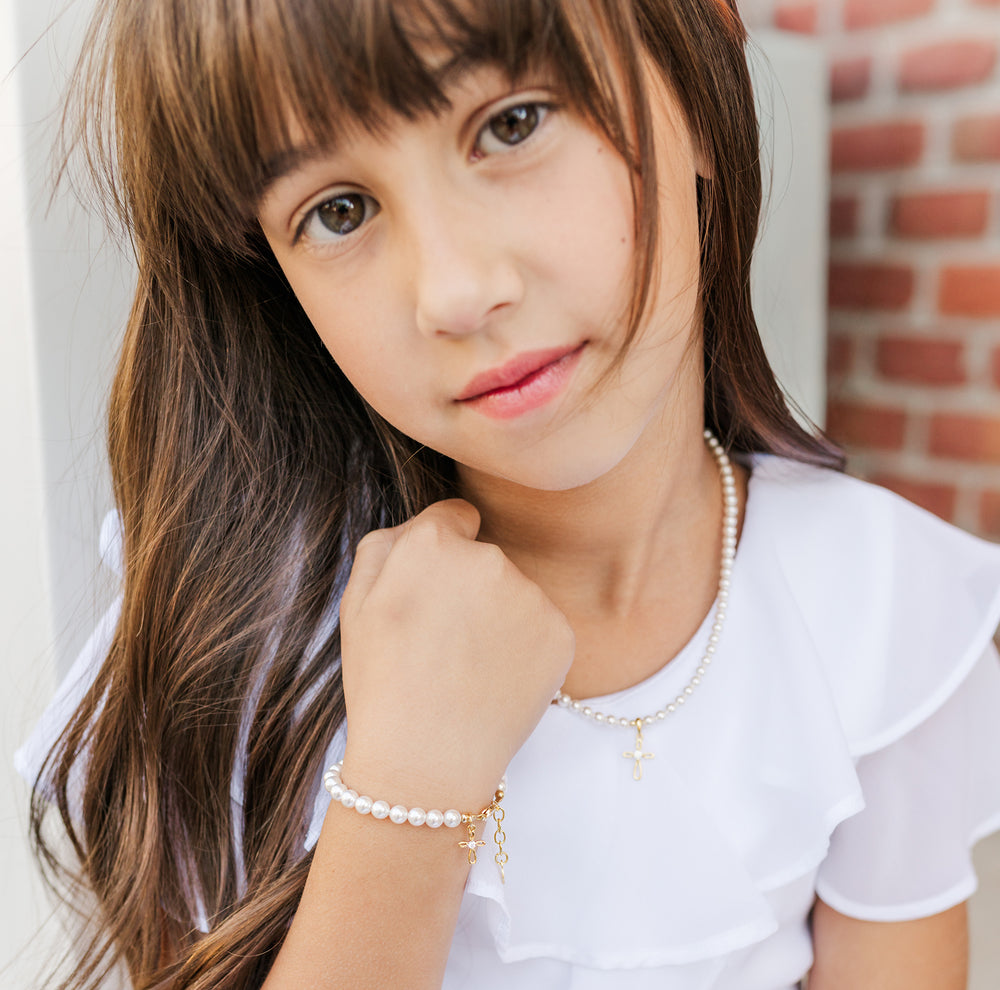 Children's 14K Gold-Plated Cross Baby Bracelet with Pearls