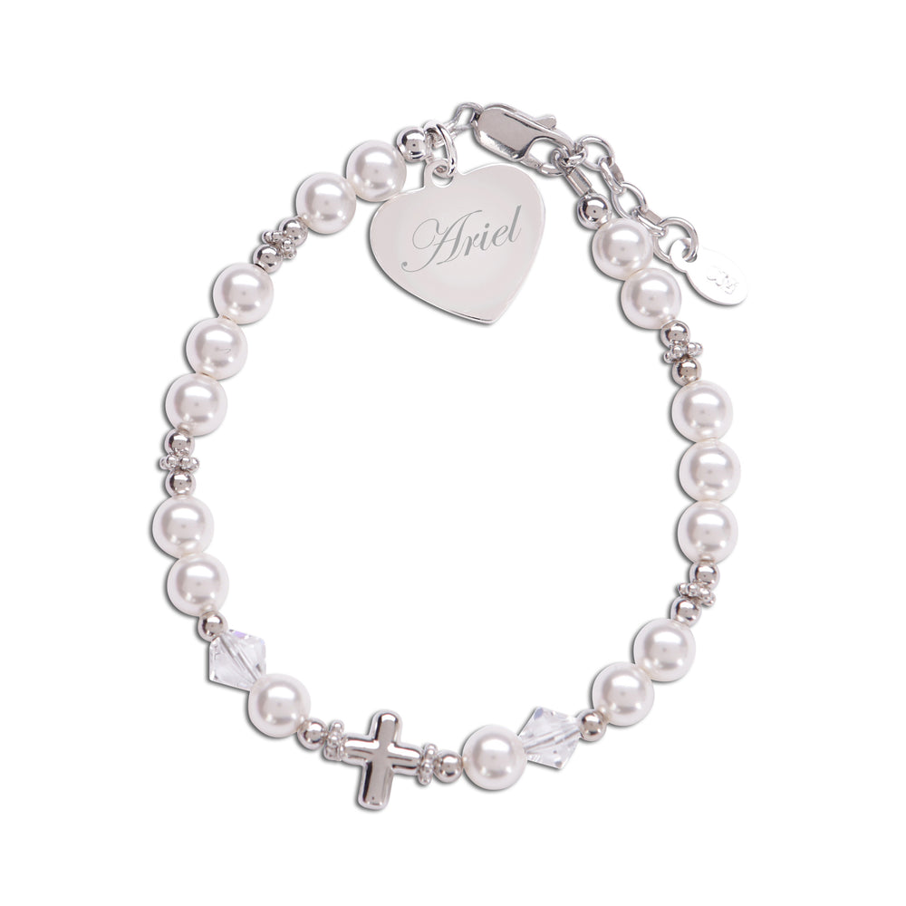 Girls Sterling Silver Pearl First Communion Cross Bracelet with FREE Engraving - TC-Jessica