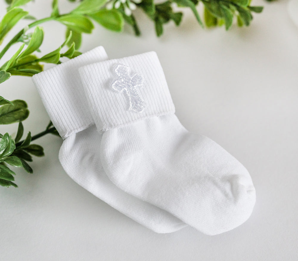 White Baby Unisex Baptism Sock with Cross