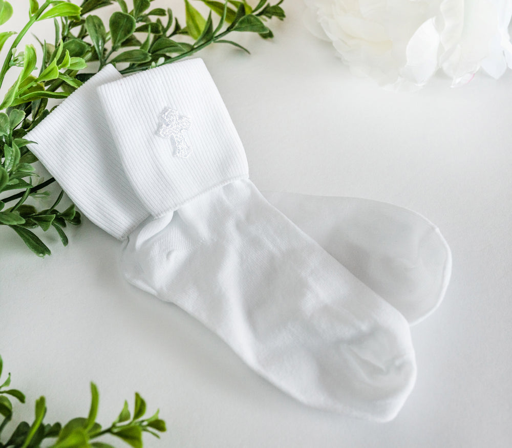 
                
                    Load image into Gallery viewer, White Unisex Sock with Cross for First Communion
                
            