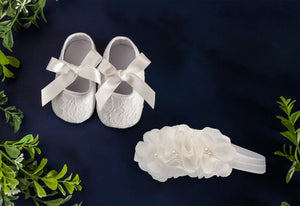 Ivory Lace Baptism Shoe and Headband Set