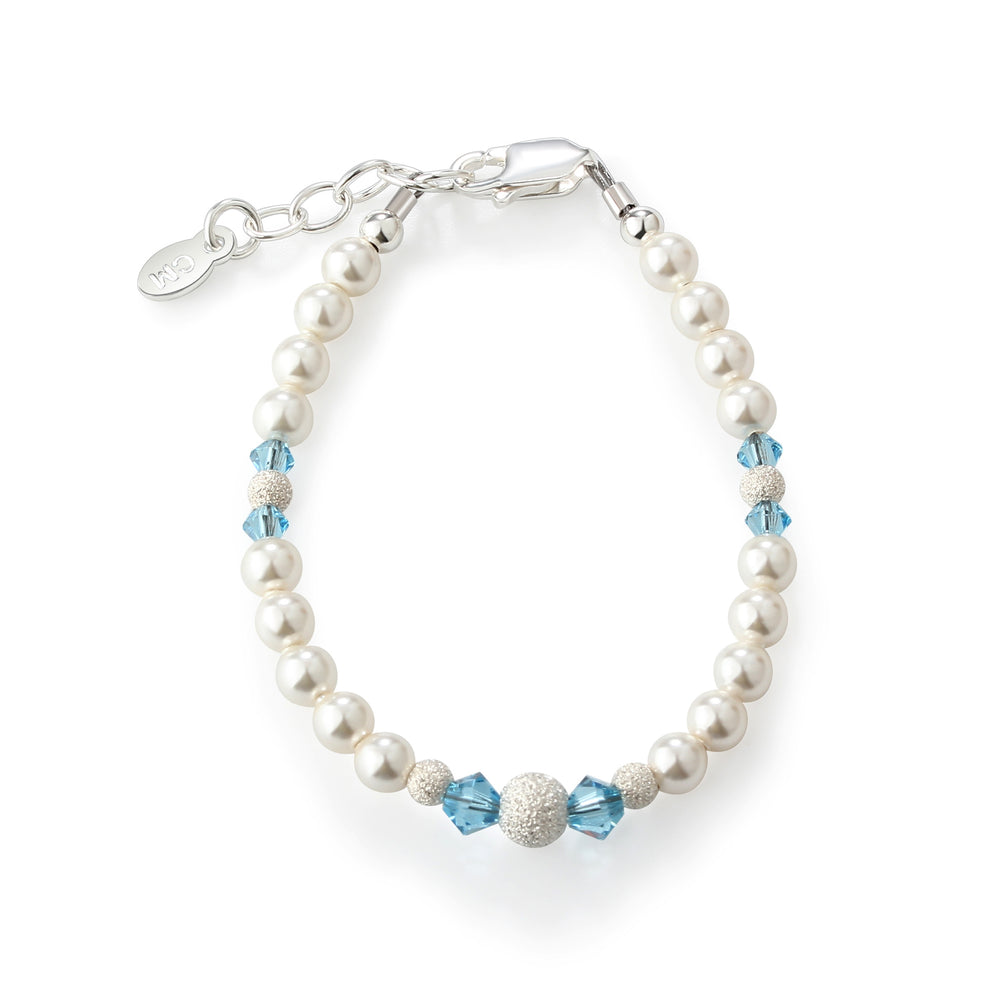 SALE! Girls Sterling Silver Simulated Pearl Baby Bracelet with Aqua Crystals Jewelry for Kids