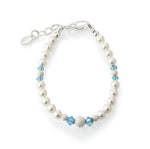 SALE! Girls Sterling Silver Simulated Pearl Baby Bracelet with Aqua Crystals Jewelry for Kids