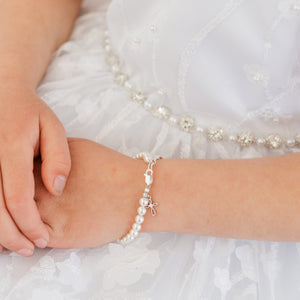 Sterling Silver Simulated Pearl with Cross Bracelet for Infant Baby Baptism or 1st Communion Gift - Cherished Moments Jewelry