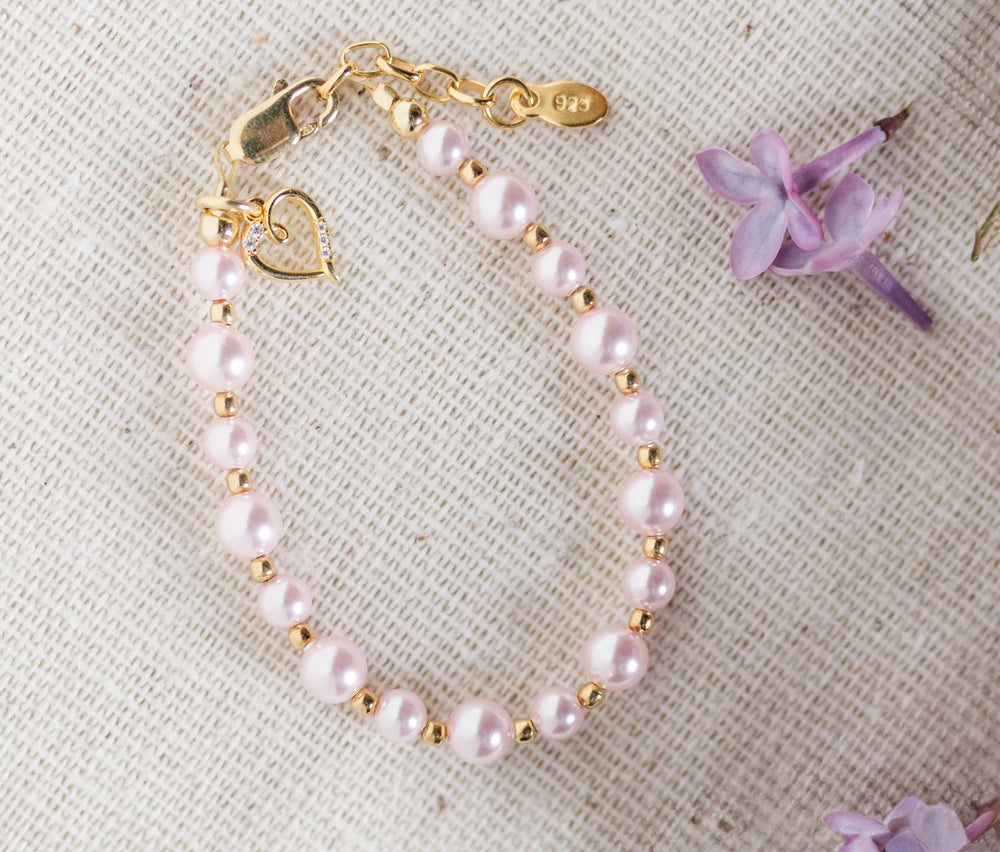 14K Gold-Plated Pink Pearl Child's Heart Bracelet