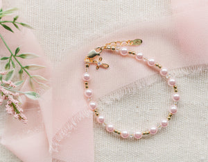 Lauren  - 14K Gold-Plated Pink Pearl Cross Bracelet for Baby Baptism or Communion Gift