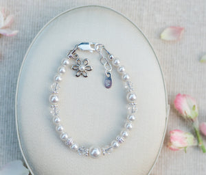 Lila - Sterling Silver High-End Austrian Simulated Pearl Bracelet with Daisy, Flower Girl Gift