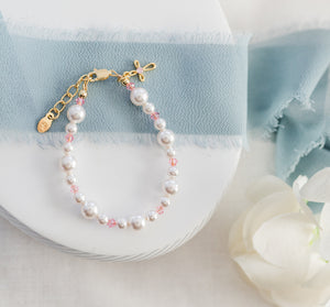 14K Gold-Plated Pearl Pink Cross Bracelet for Baptism or First Communion