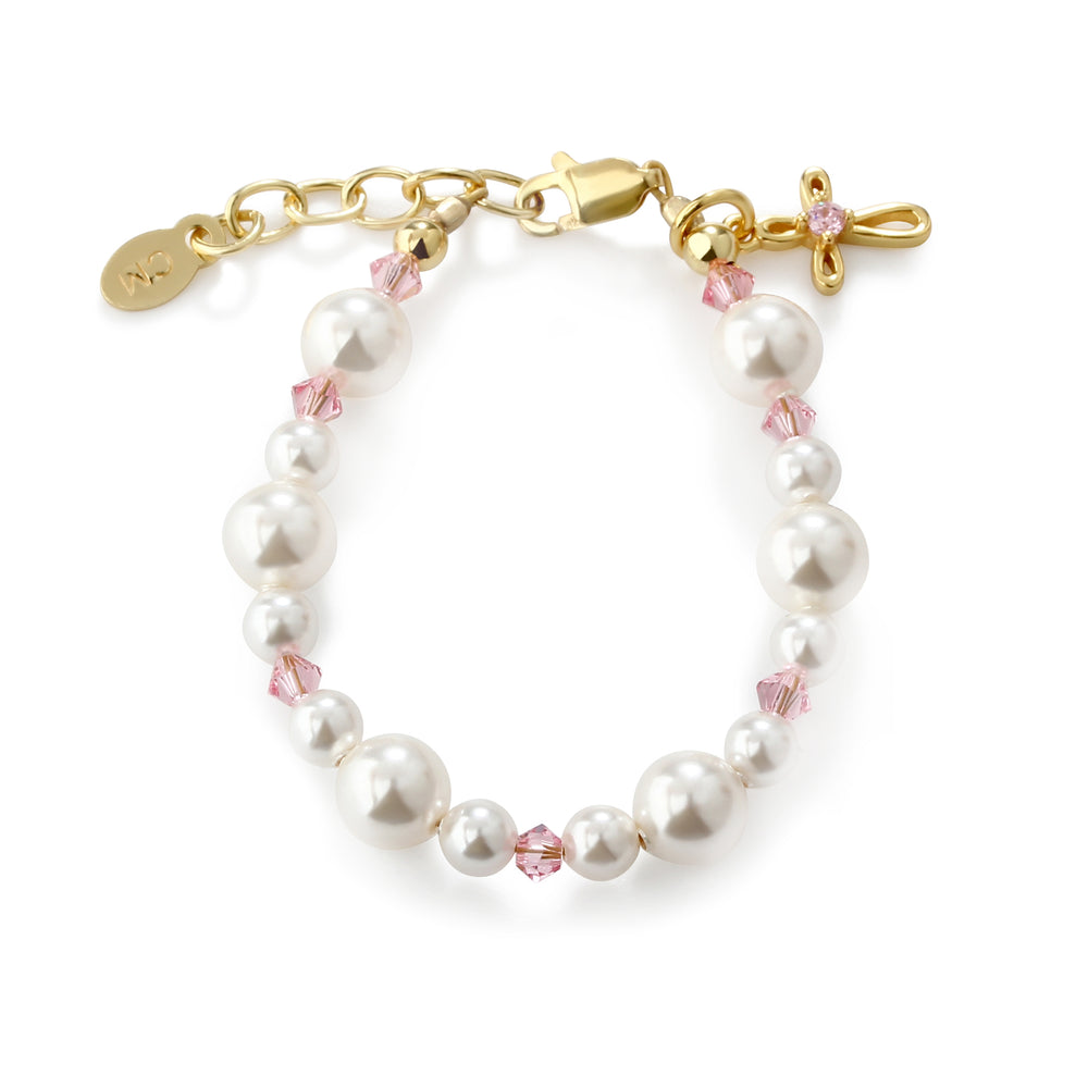 14K Gold-Plated Pearl Pink Cross Bracelet for Baptism or First Communion