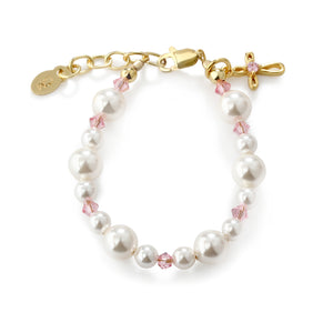 14K Gold-Plated Pearl Pink Cross Bracelet for Baptism or First Communion