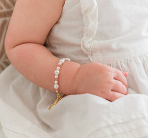 14K Gold-Plated Pearl Pink Cross Bracelet for Baptism or First Communion