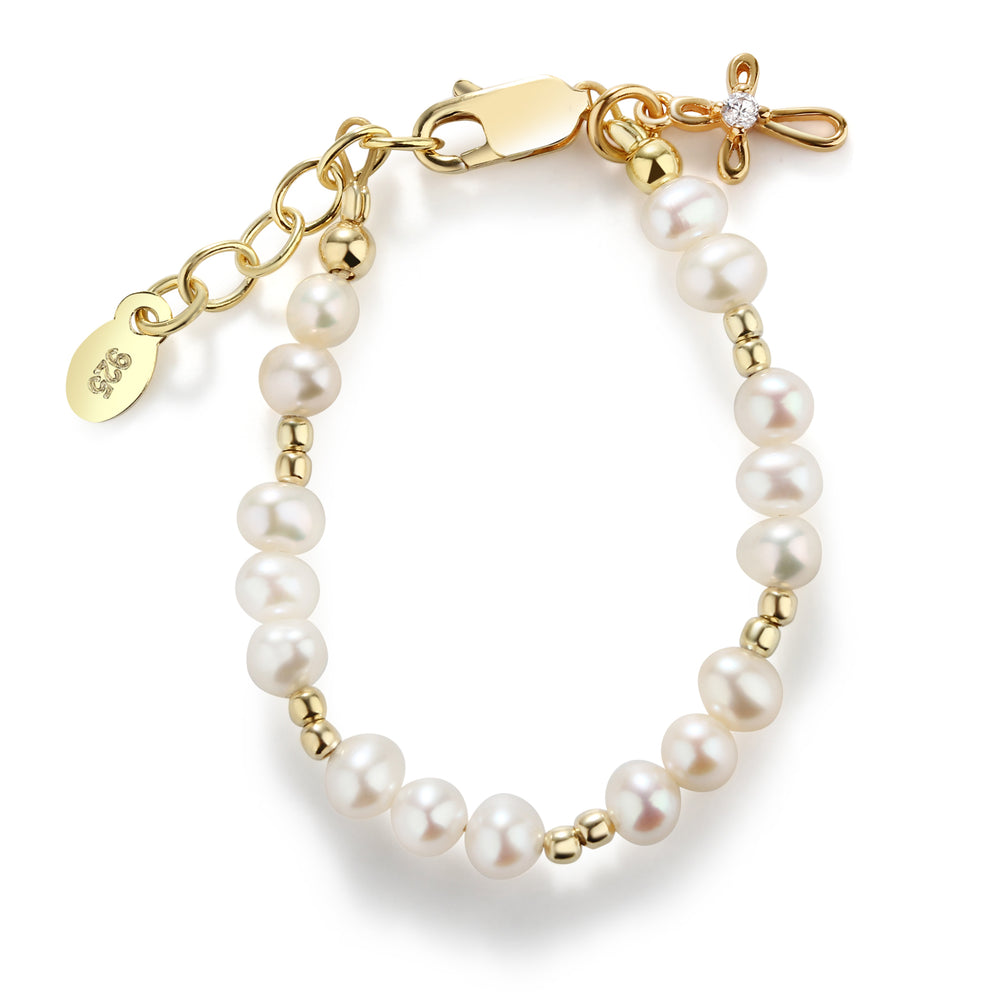 
                
                    Load image into Gallery viewer, 14K Gold-Plated Pearl Bracelet with Cross for Baptism or First Communion
                
            