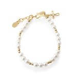 14K Gold-Plated Simulated Pearl Bracelet with Cross for Baptism or First Communion