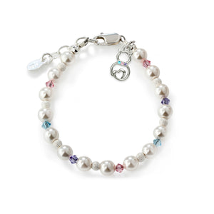 Sterling Silver Bracelet with Cat Charm, Pearls, and Rainbow Crystals for Girls, Toddlers and Kids