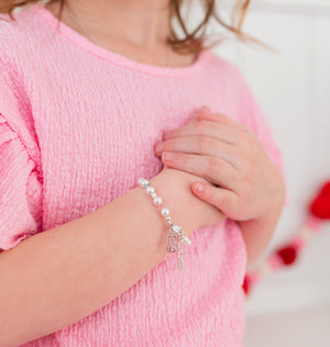 Sterling Silver Bracelet with Cat Charm, Pearls, and Rainbow Crystals for Girls, Toddlers and Kids