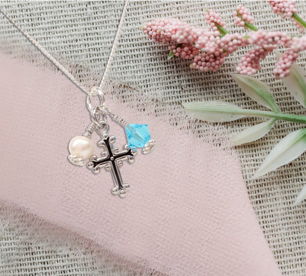 SALE! Sterling Silver Birthstone Cross Necklace for Girls First Communion Gift