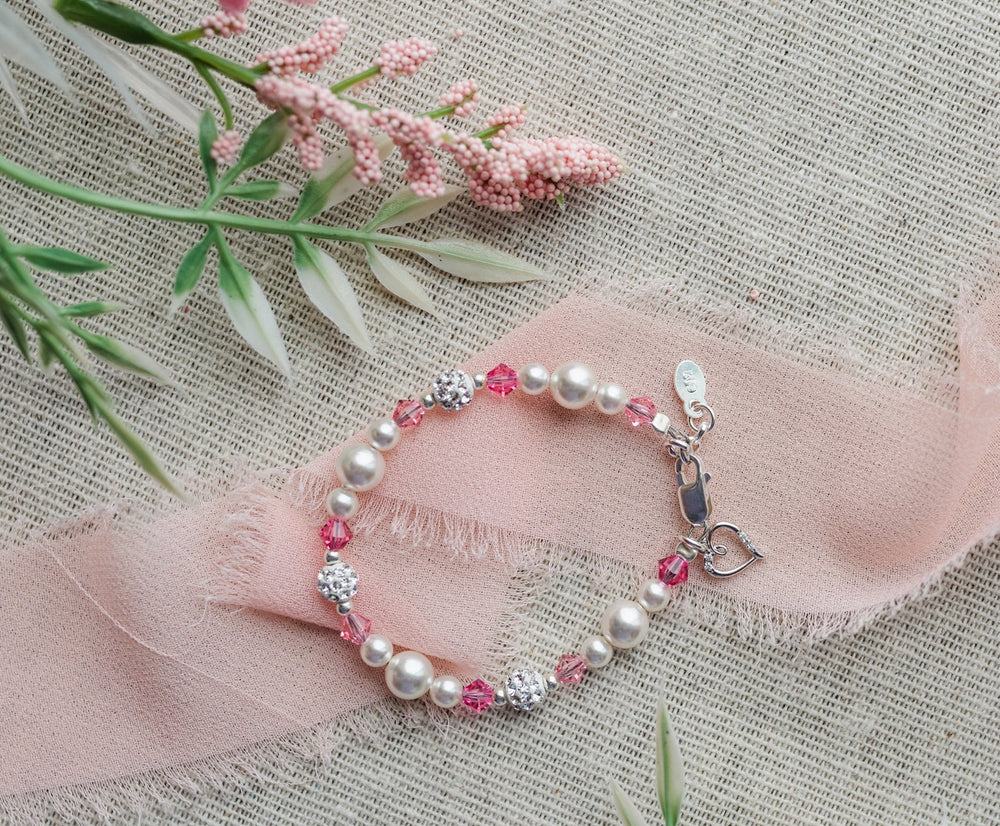 Navey - Sterling Silver Pearls, Pink Crystals with Heart Baby Bracelet for Little Girls
