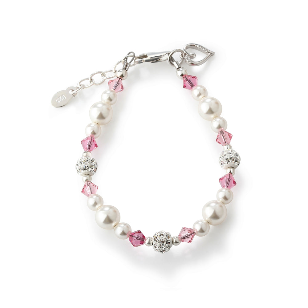 Little Girls Sterling Silver Baby Bracelet with Simulated Pearls and Pink Crystals with Heart