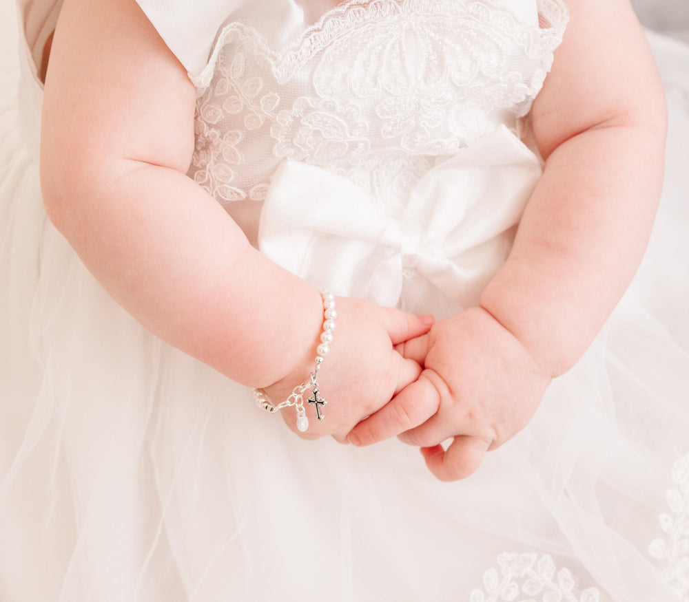 Sterling Silver Simulated Pearl with Cross Baptism Bracelet for Infants and Little Girls for Communion - Cherished Moments Jewelry