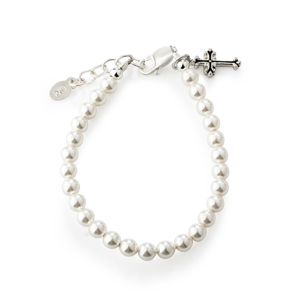 Sterling Silver Simulated Pearl with Cross Baptism Bracelet for Infants and Little Girls for Communion