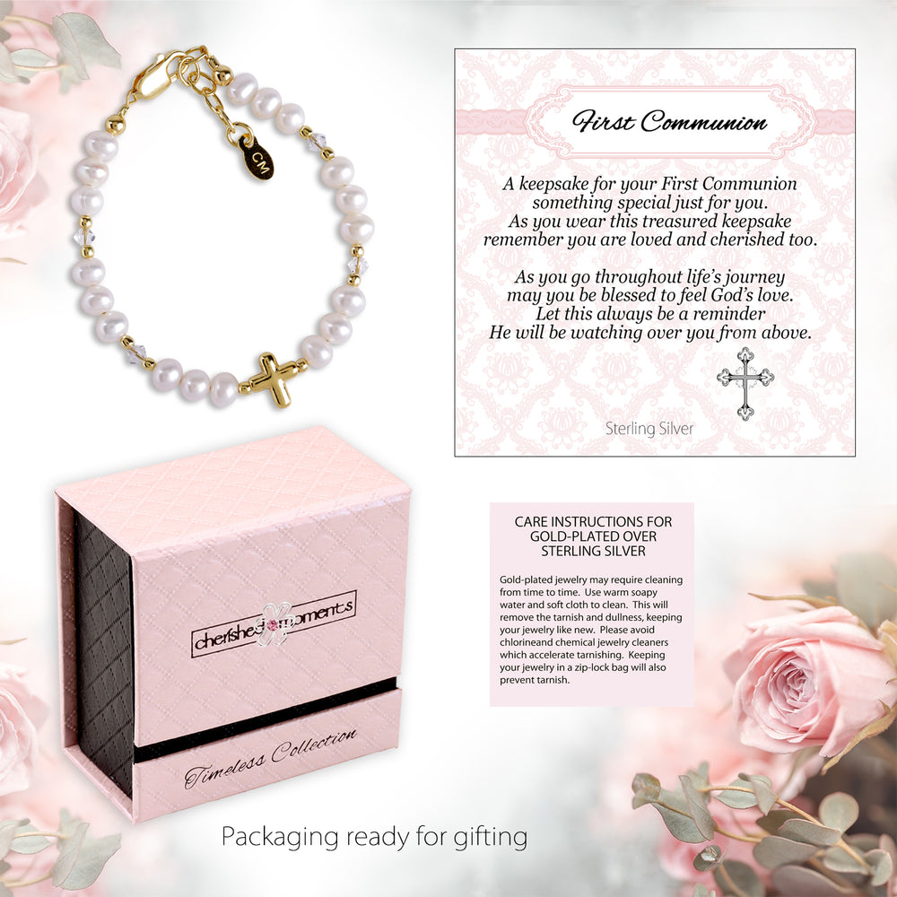 14K Gold-Plated Pearl Cross Bracelet First Communion Gift for Girls