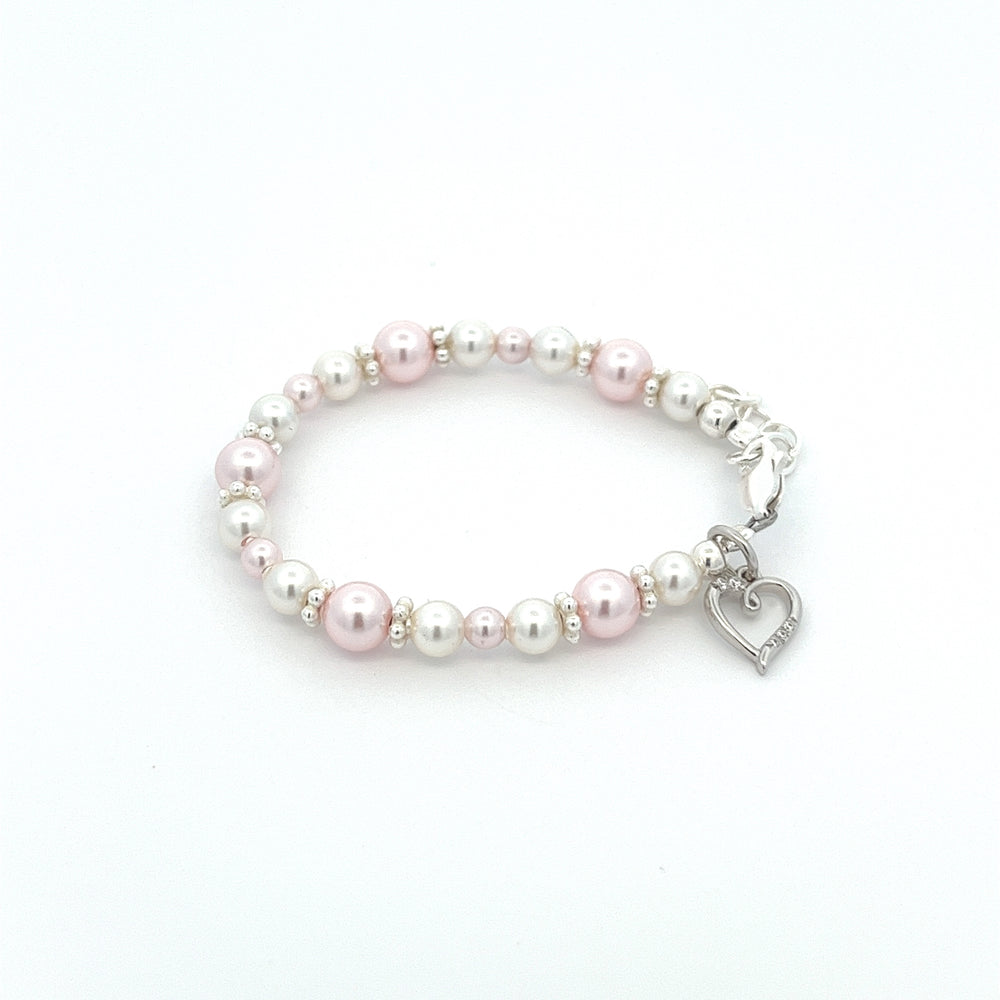 Children's Sterling Silver Pink & White Simulated Pearl Bracelet for Kids