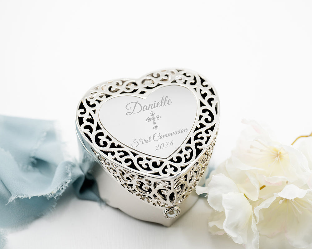 Custom Silver Filigree Heart Jewelry Box with Engraving for Girls