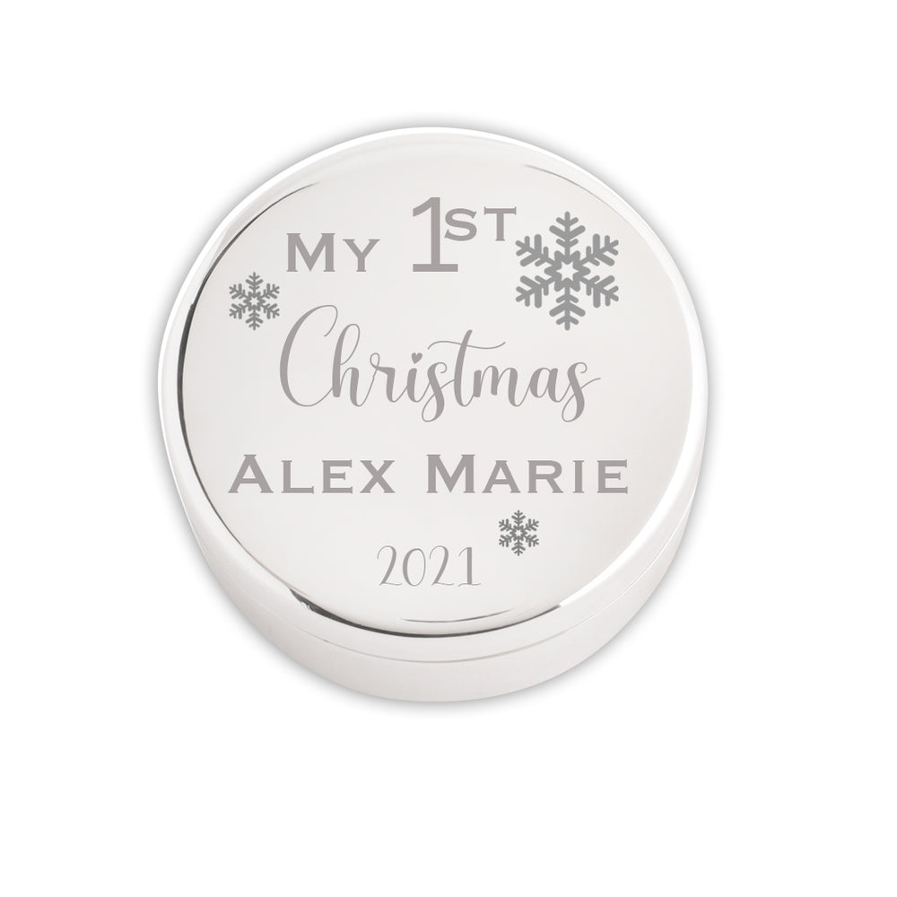
                
                    Load image into Gallery viewer, Personalized Round Silver Jewelry Box, Christmas Gift with FREE Engraving, Baby&amp;#39;s First Christmas, 1st Christmas Keepsake
                
            