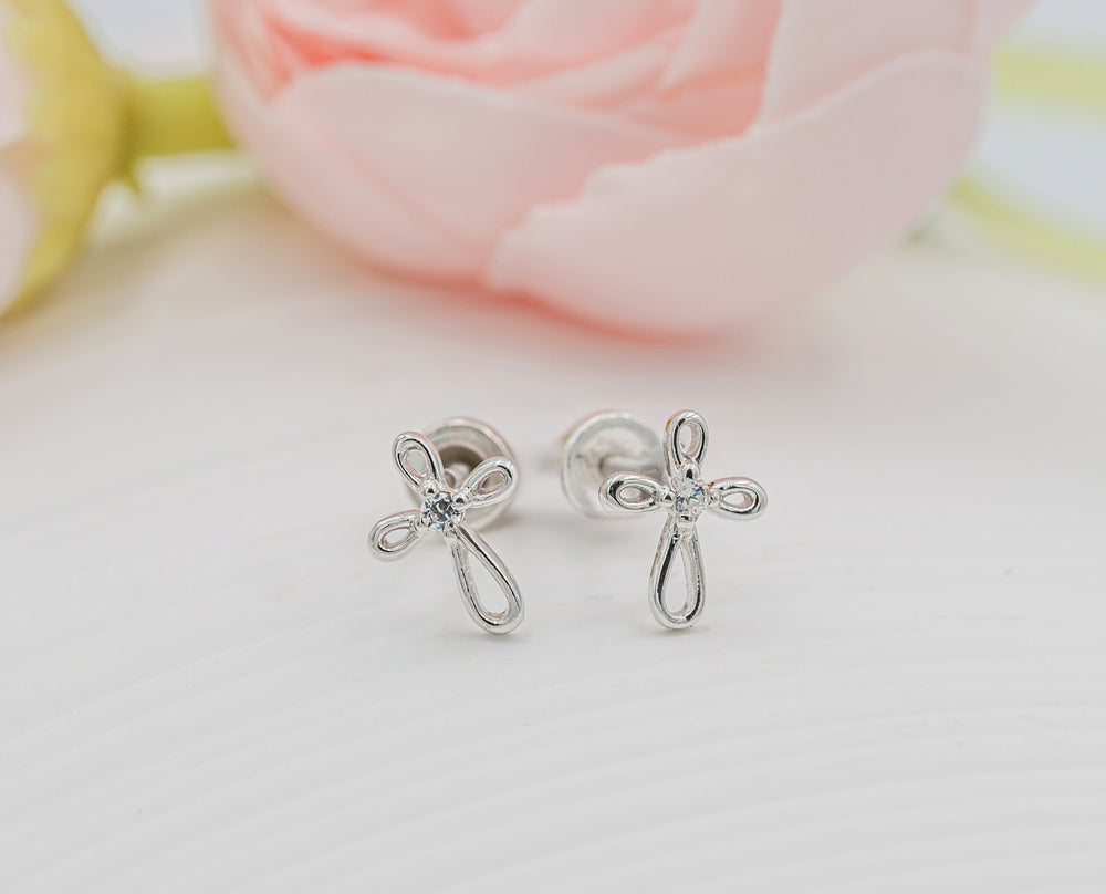 Sterling Silver Infinity Cross Earrings for Baptism or Christening Gifts