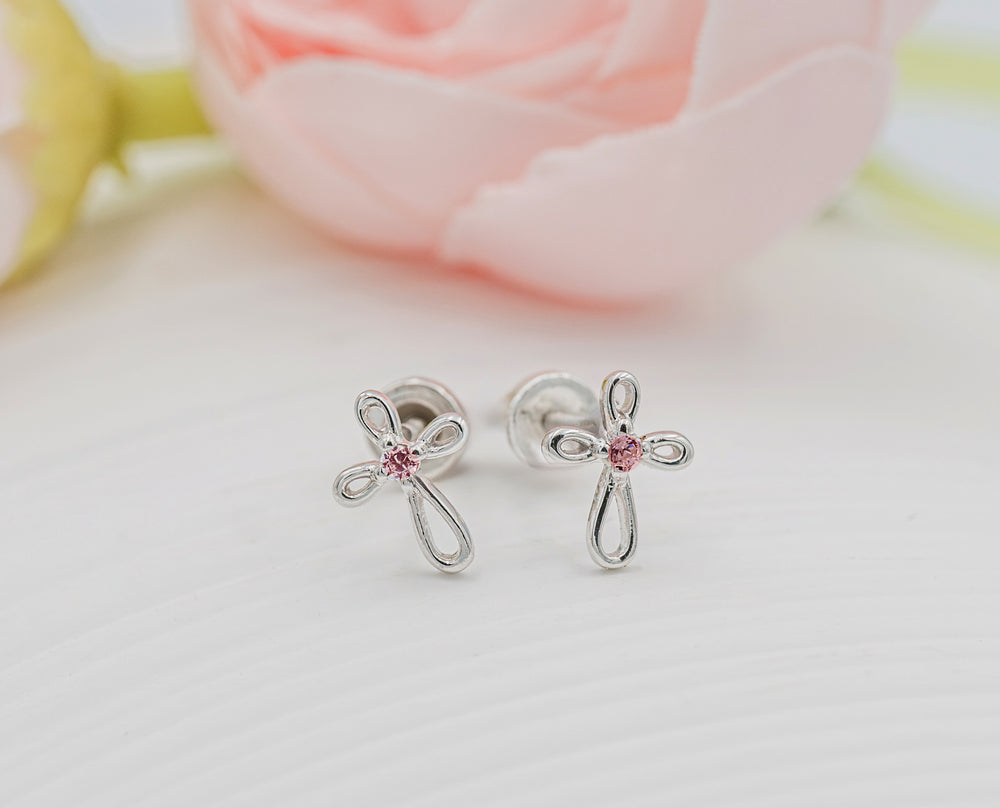 Sterling Silver Pink Infinity Cross Earrings for Baptism or Christening Gifts