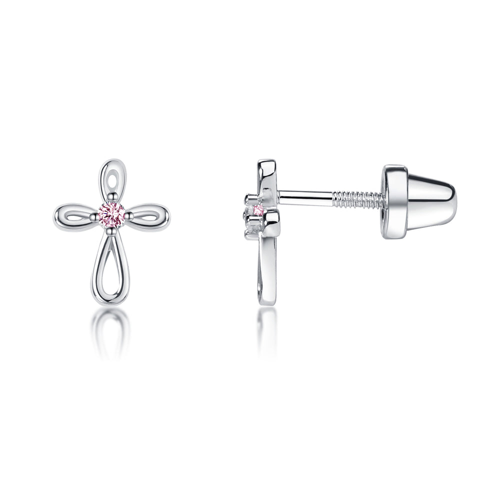 Sterling Silver Pink Infinity Cross Earrings for Baptism or Christening Gifts