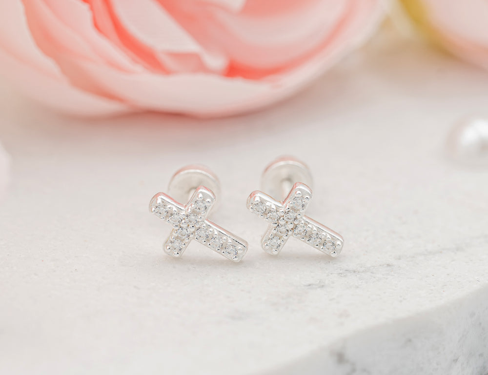 Sterling Silver Cross CZ Earrings for Baptism or Communion