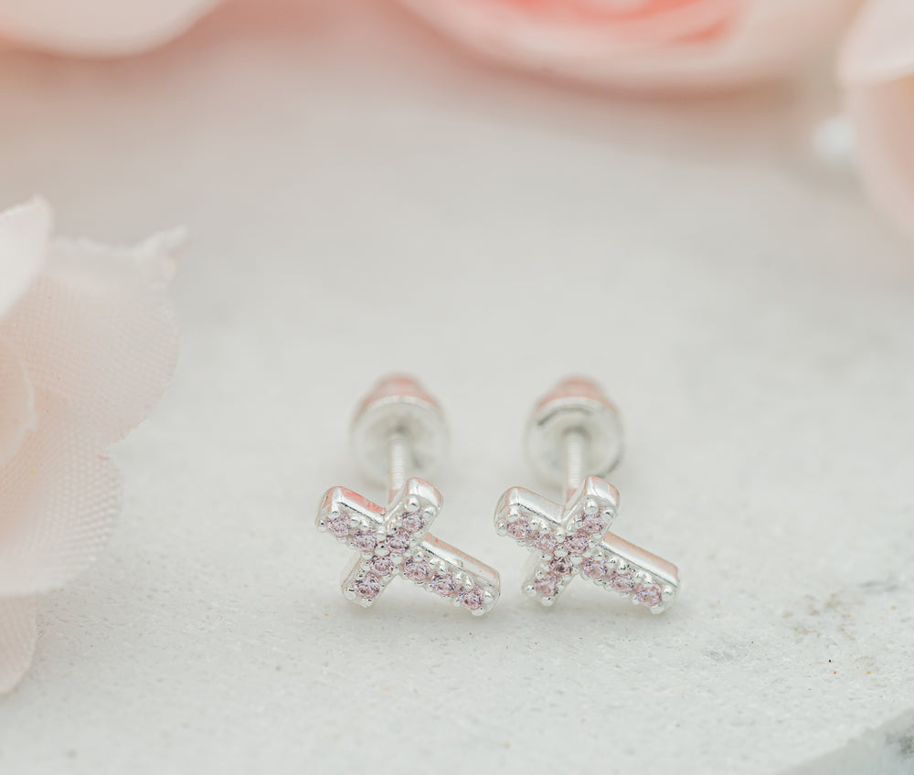 Sterling Silver Cross Earrings with Pink CZs for Baptism or Communion