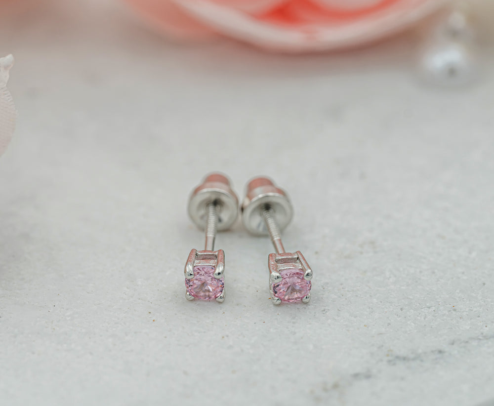 Sterling Silver Pink CZ Stud Earrings for Baby and Kids