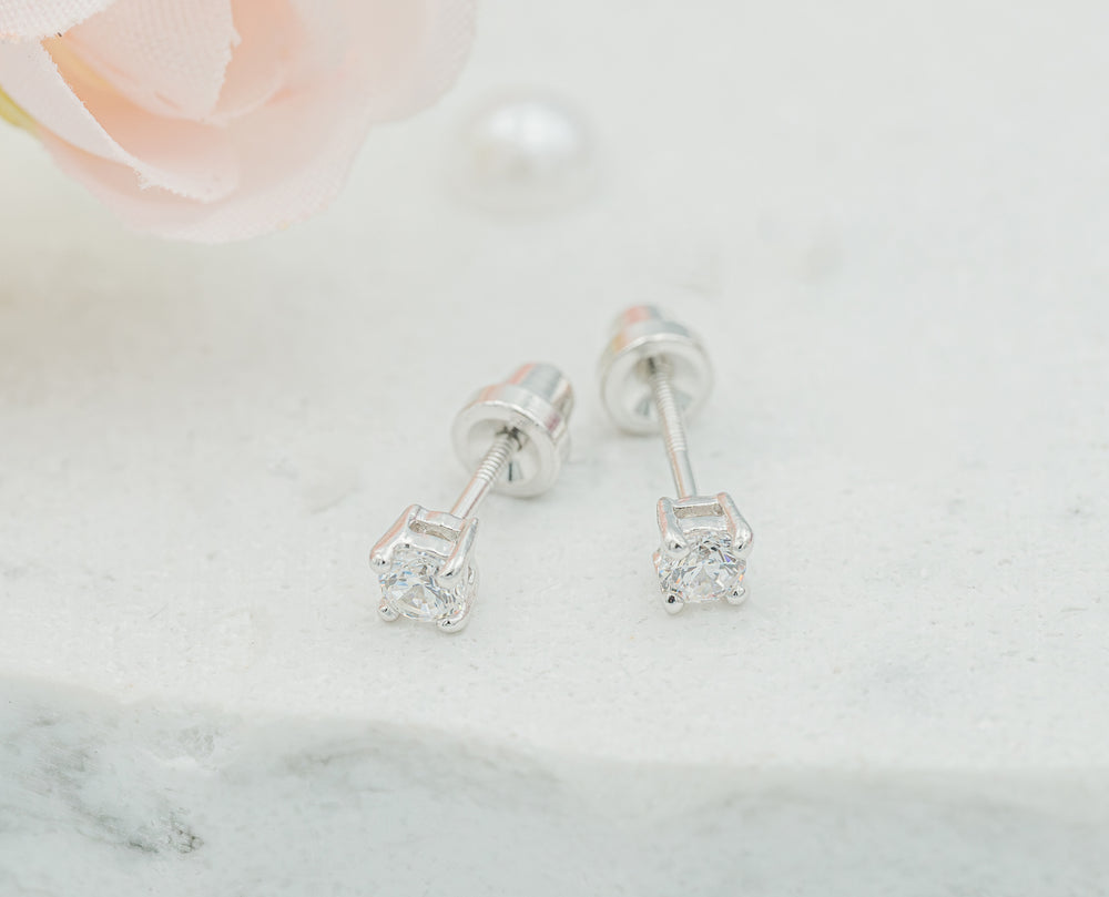 Sterling Silver Kid's Clear CZ Stud Earrings