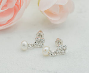 Sterling Silver Kid's Daisy w/Dangling Pearl Earrings