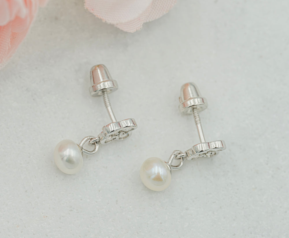 Sterling Silver Kid's Daisy w/Dangling Pearl Earrings