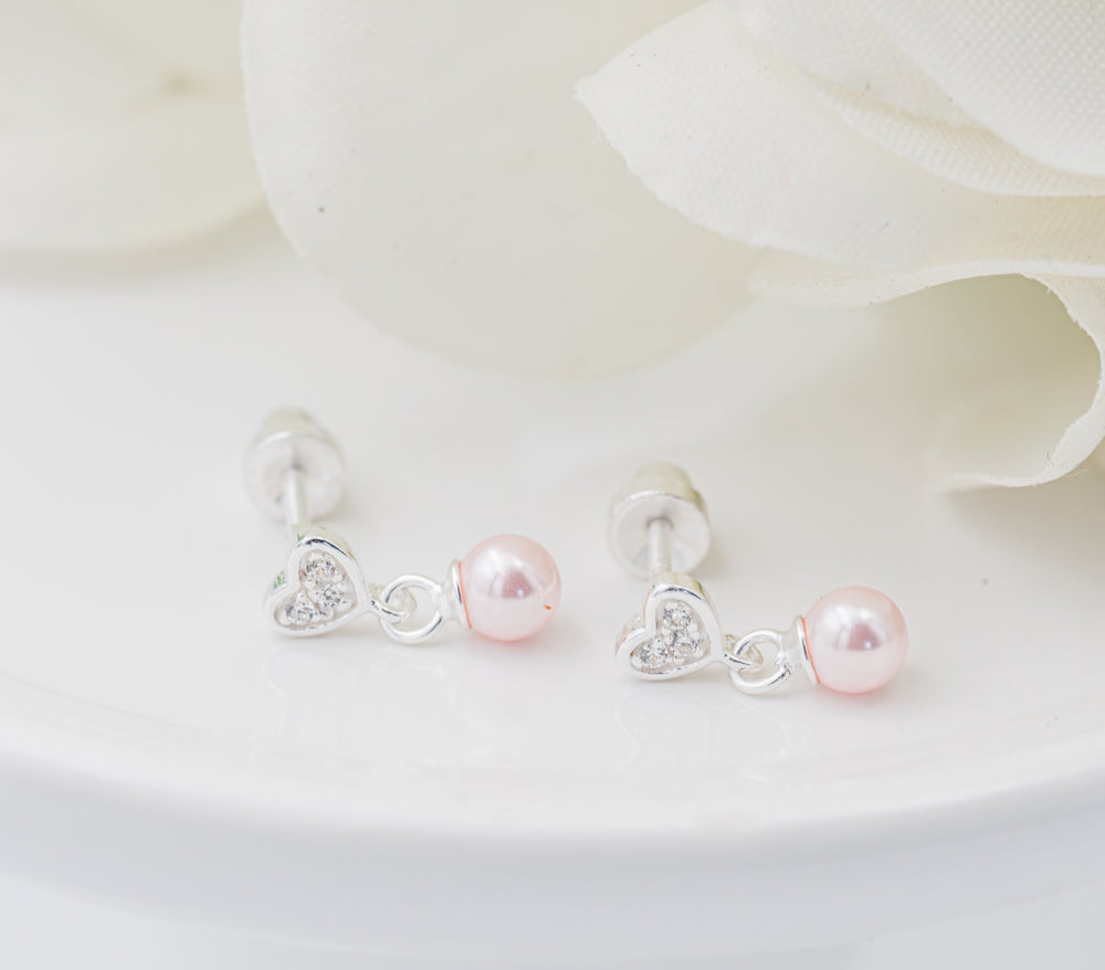 Sterling Silver Children's Heart w/Dangling Pink Pearl Earrings