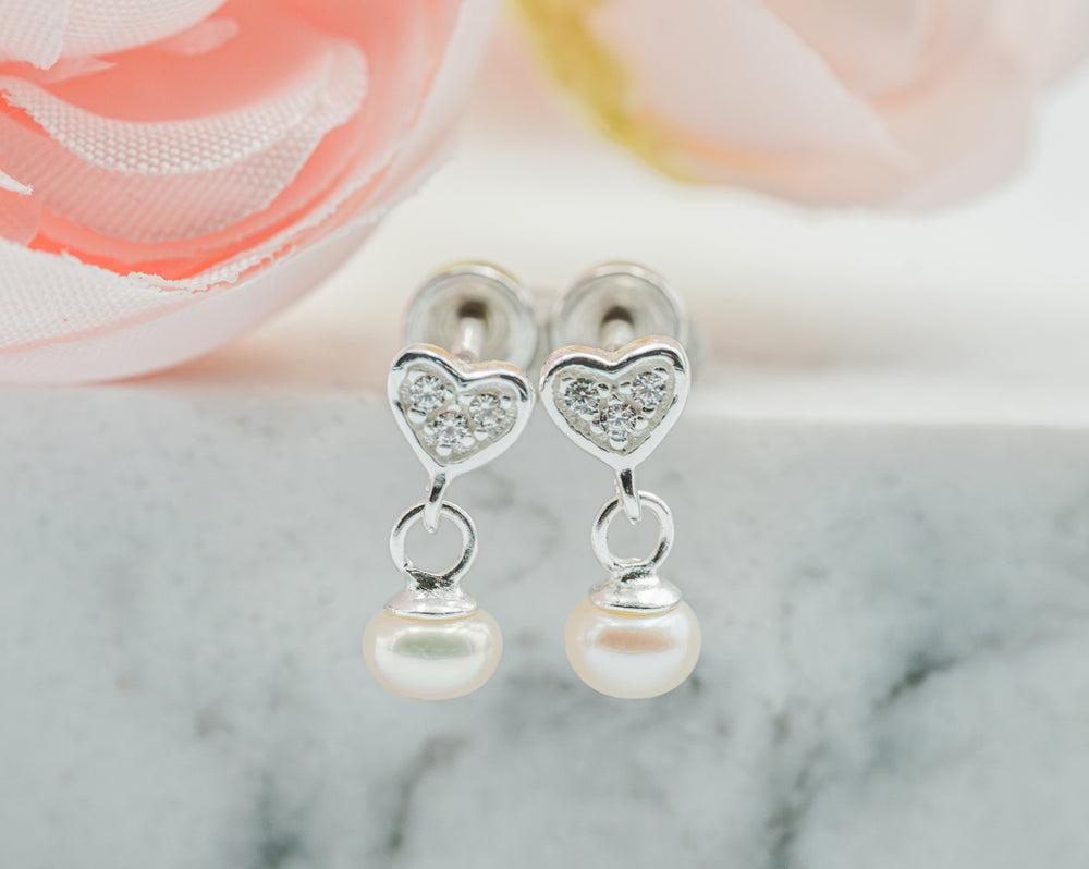 Sterling Silver Children's Heart w/Dangling Pearl Earrings