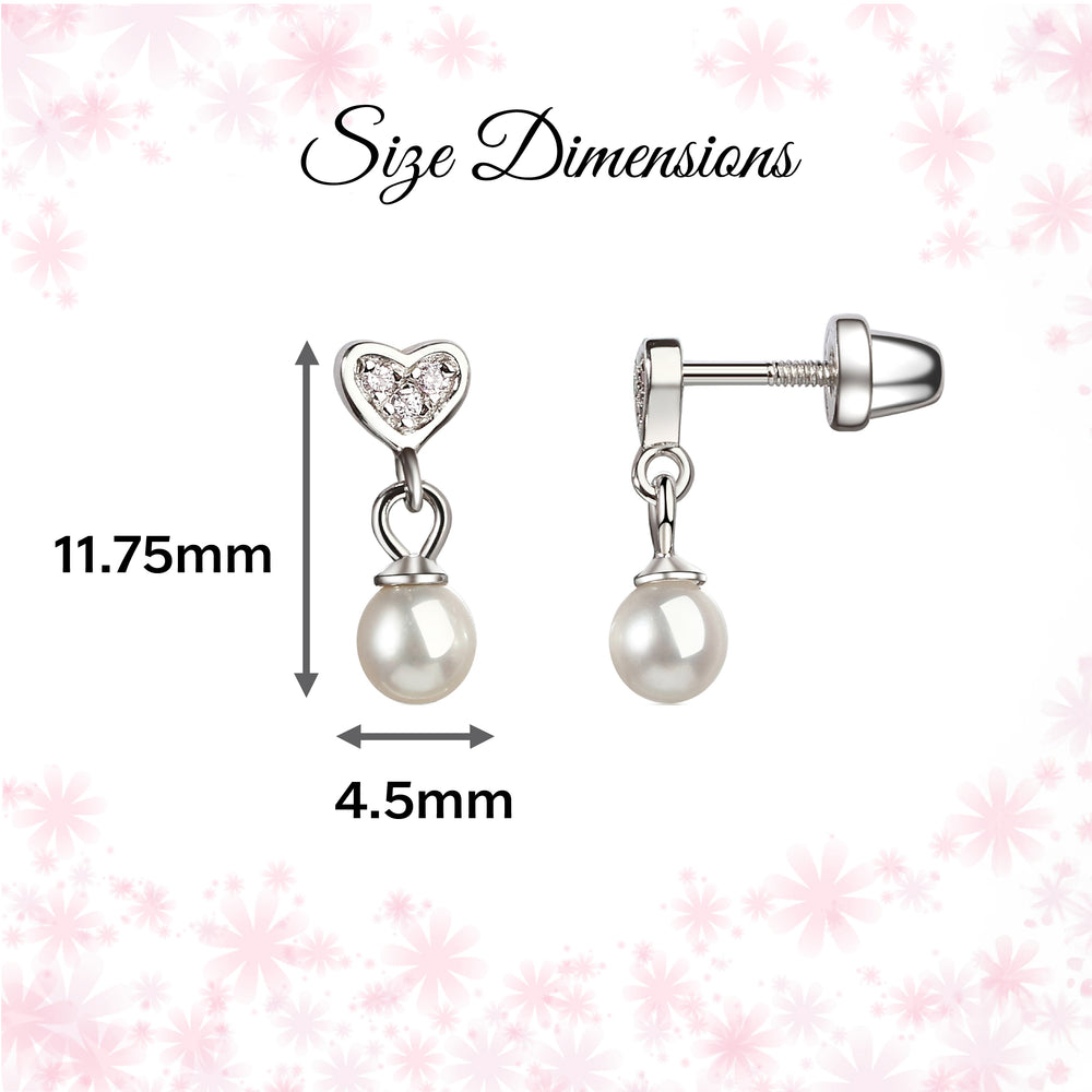 Sterling Silver Children's Heart w/Dangling Pearl Earrings