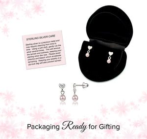 Sterling Silver Children's Heart w/Dangling Pink Pearl Earrings