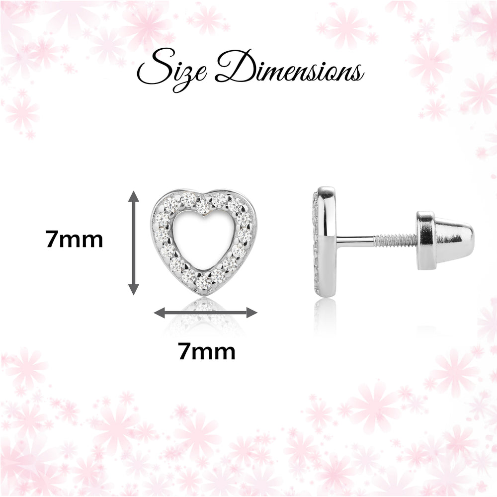 Sterling Silver Heart Earrings with CZs and Screw Backs for Kids