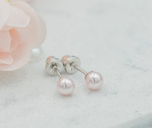 Sterling Silver Child's Pink High-End Simulated Pearl Screw Back Earrings