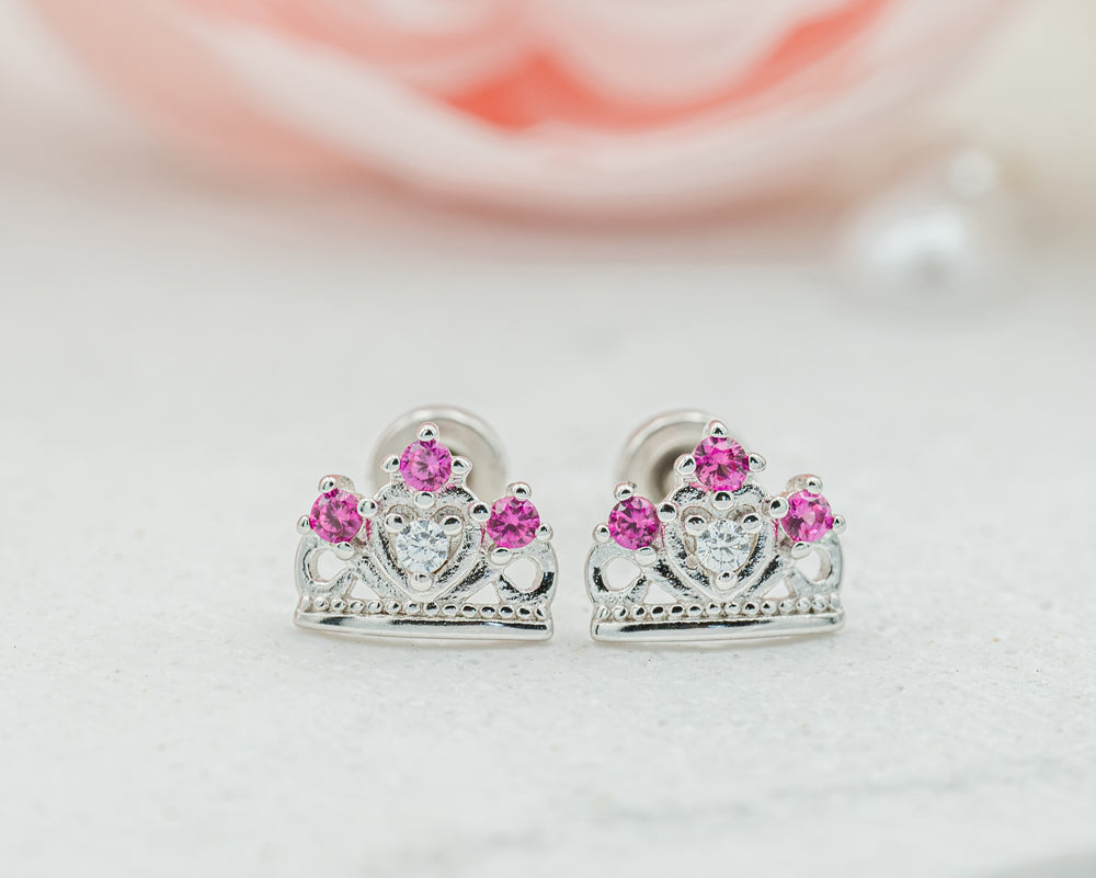 Sterling Silver Princess Tiara Earrings with Screw Backs