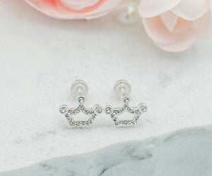 Sterling Silver Princess Tiara Crown Earrings with Screw Backs